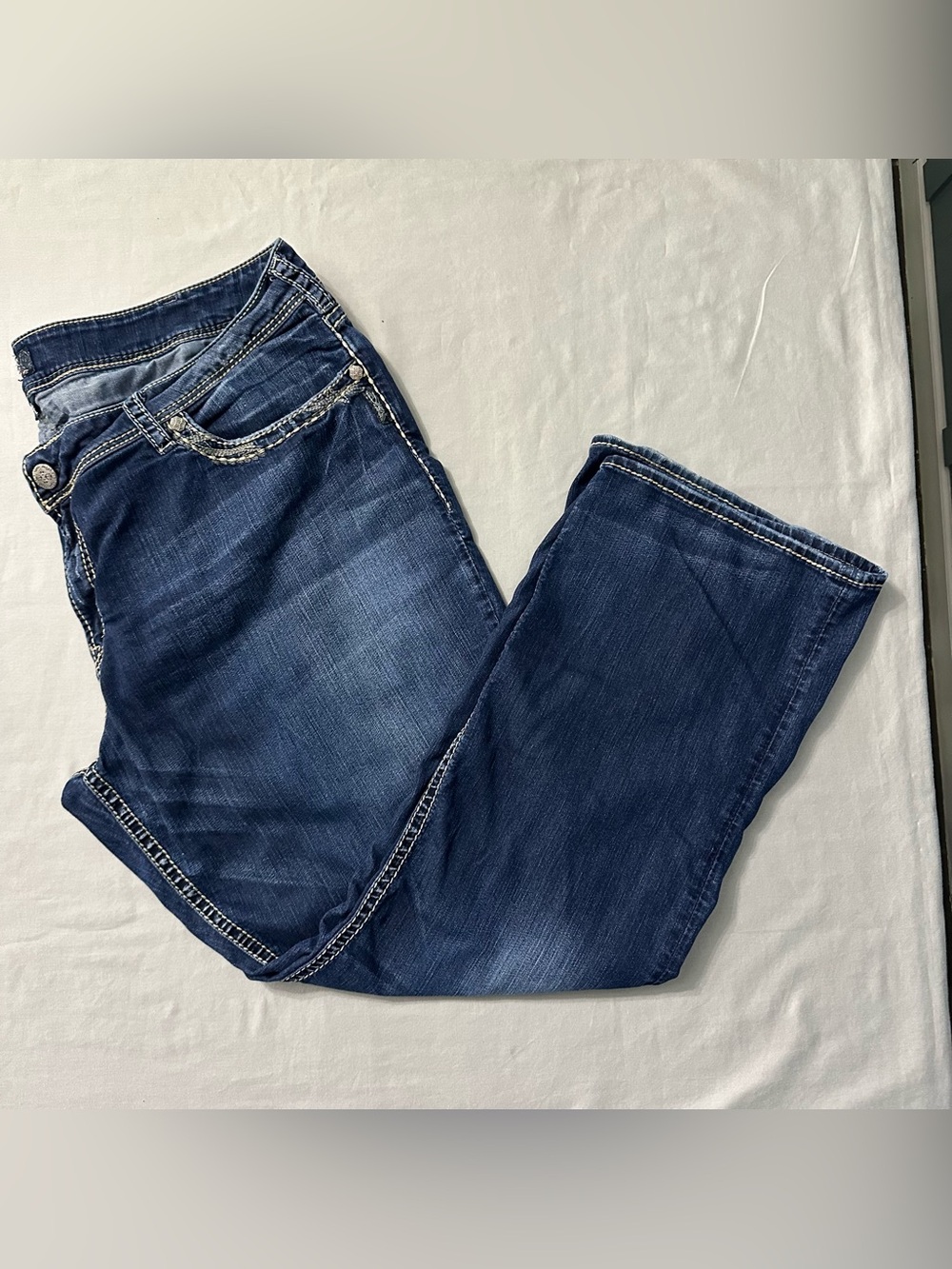 Silver Jeans Suki Mid Bootcut Jeans W34 L31 Plus Size 24 Thick Stitch Distressed